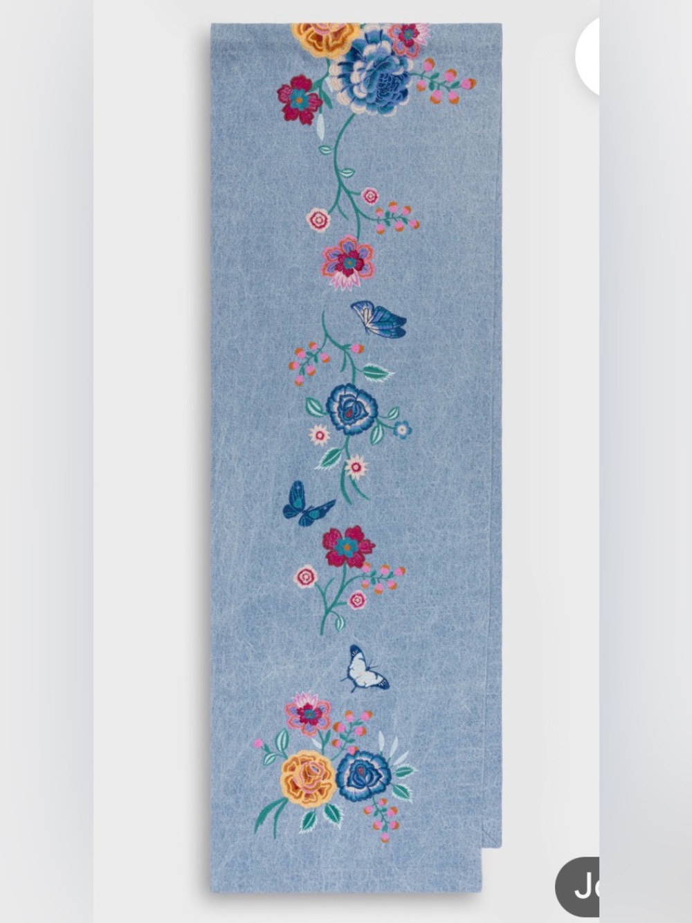 JOHNNY WAS Taymia Embroidered Table Runner | Denim Blue Floral Butterflies - Picture 2 of 6